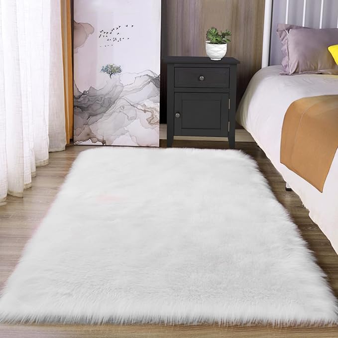 Latepis Off White 3x4 Area Rug Faux Sheepskin Fur Rug Washable Furry Rugs by Latepis