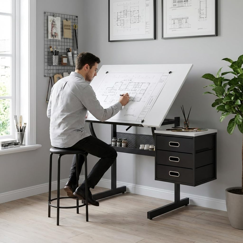 Drafting Table with Storage, Adjustable Art Desk & Art Table with Stool, ...