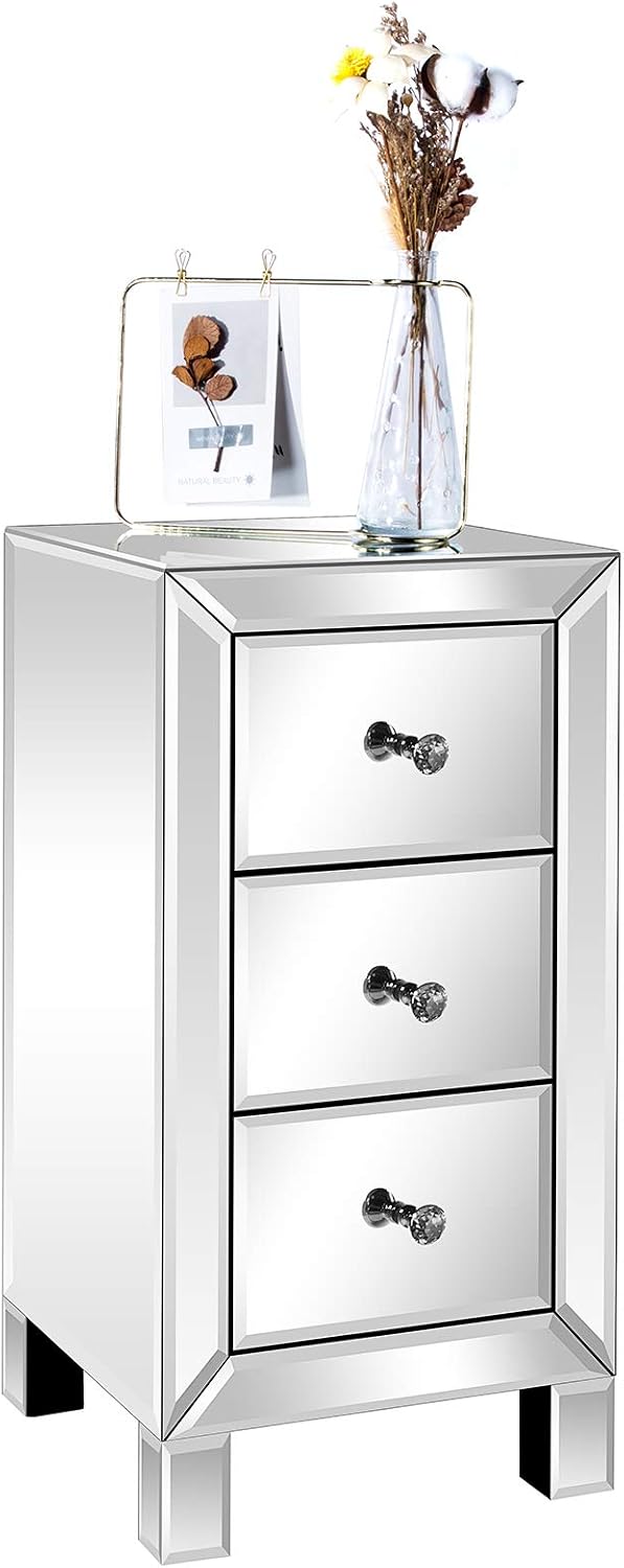 VINGLI Mirrored Nightstand with 3-Drawers Silver Side End Table Mirrored Furn...