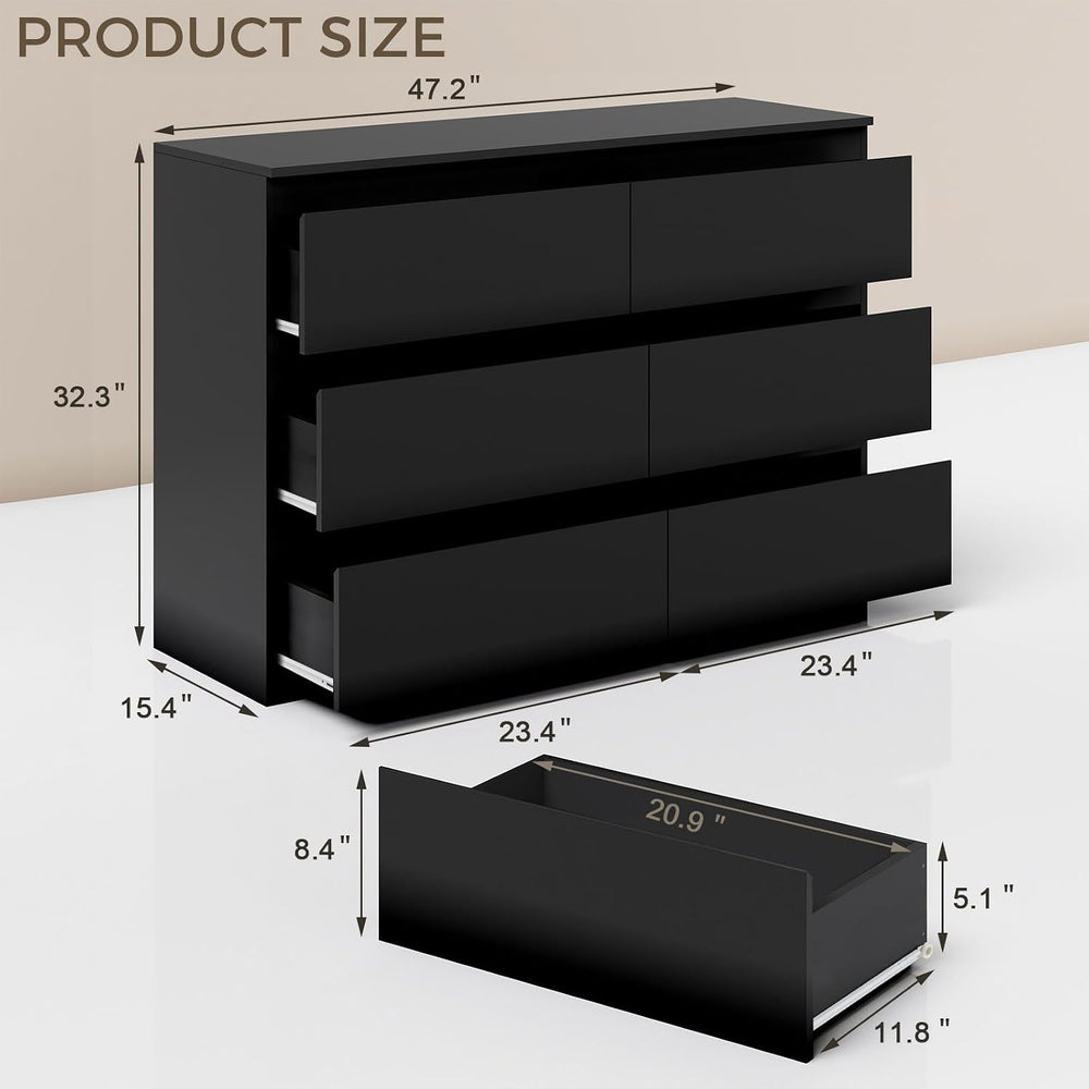 6 Drawer Dresser for Bedroom, 47" Wide Black Wood Chest for Storage