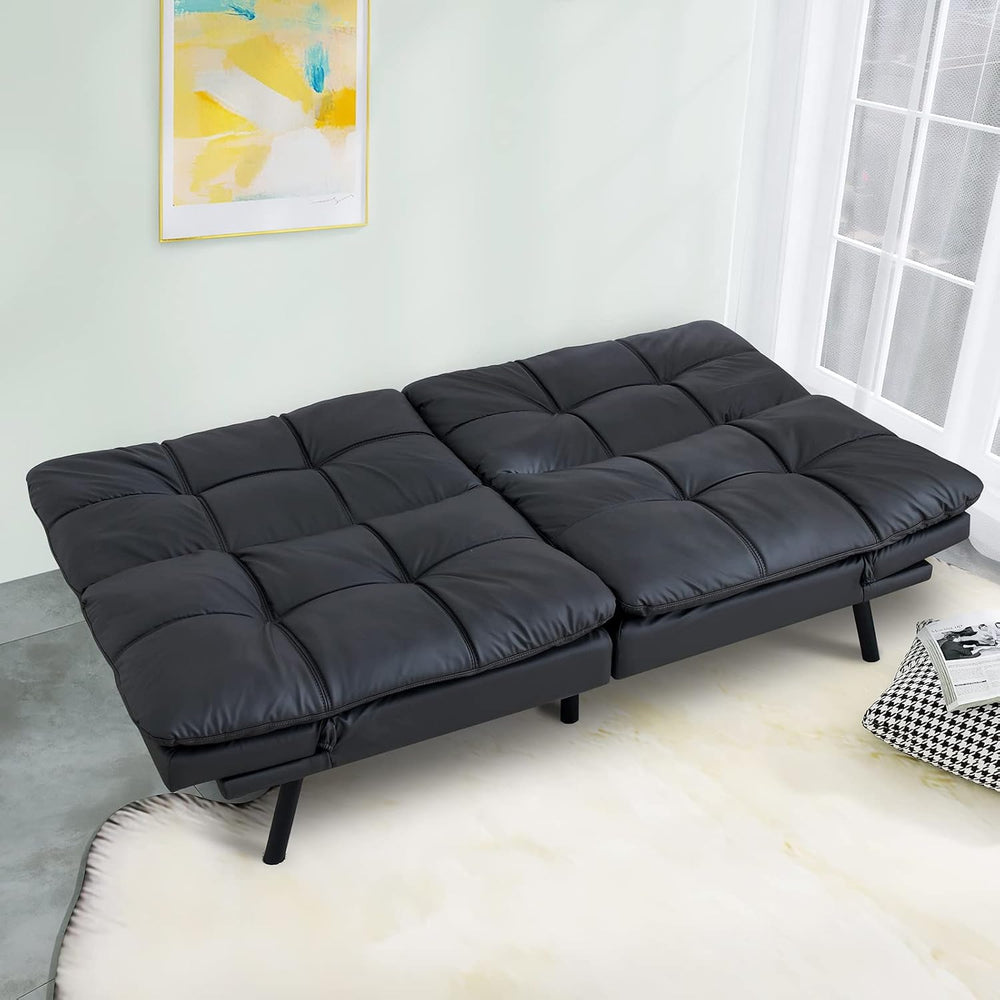 Hcore Convertible Futon Sofa Bed,Black Leather Memory Foam Loveseat Futons So...