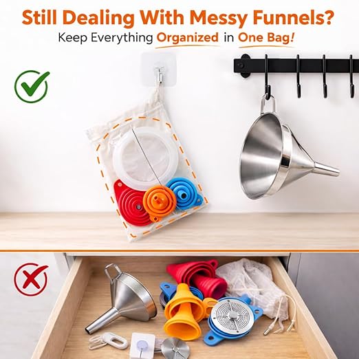No Spill Kitchen Funnel Set, Food Grade 3 Collapsible Silicone Funnels & 1 - Image 7