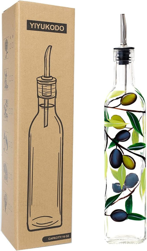 17oz Hand Painted Glass Olive Oil Bottle Dispenser- 500ml Green Oil & Vinegar by YIYUKODO