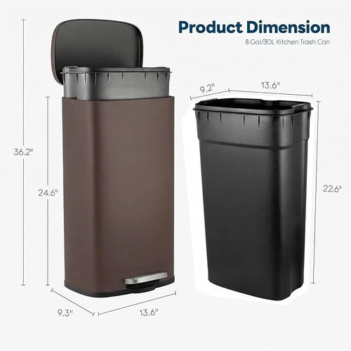 8 Gal Kitchen Trash Can, 30L Recycling or Garbage Bin, Brushed Stainless Steel - Image 2