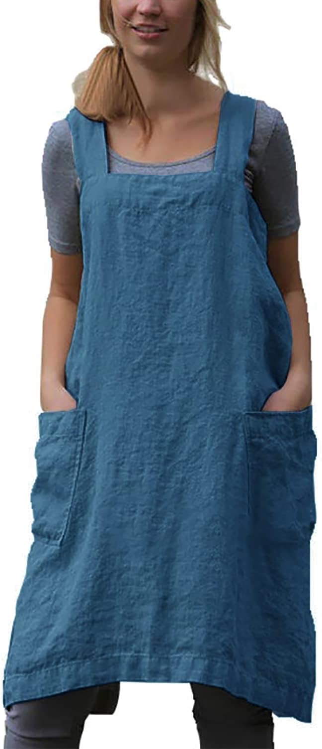 VLZUFE Cotton Linen Apron for women Cross Back Apron Pinafore Dress for Baking by Unknown