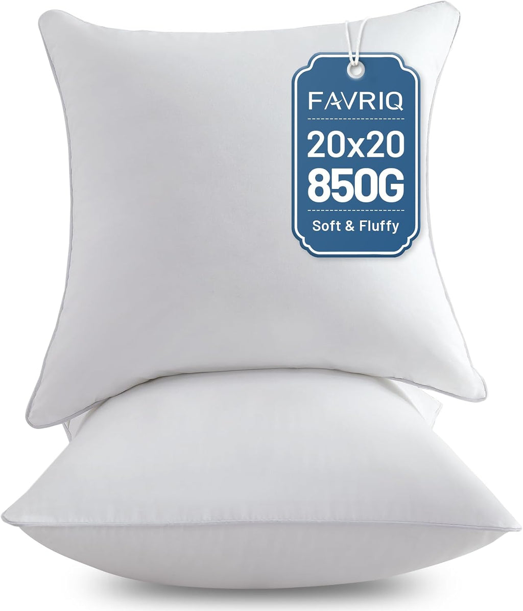FAVRIQ 20 x 20 Pillow Inserts (Set of 2) - 20 Inch Square Interior Couch Throw Pillow with 100% Cotton Cover - Decorative Pillow Insert Pair - White Sofa Pillow