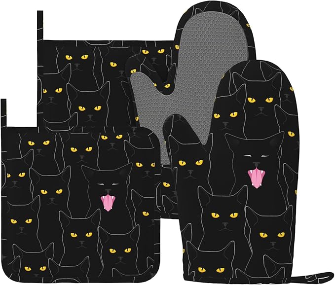 Fun Black Cat Oven Mitts and Pot Holders Set of 4 Silicone Heat Resistant Oven by VOOHDDY