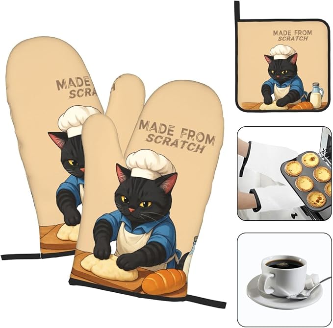 Funny Black Cat Oven Mitts and Pot Holders Set, Heat Resistant Cute Oven Gloves - Image 3