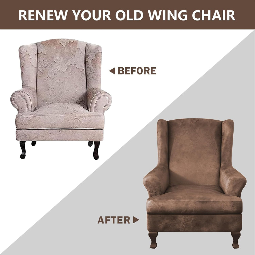 ANARACHON Leather Look Wingback Chair Covers, 2-Piece Wing Chair slipcover, S...