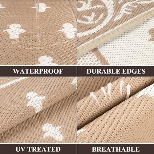 Pauwer Waterproof Outdoor Rug 6x9, Plastic Straw Patio Rug, Bordered Beige