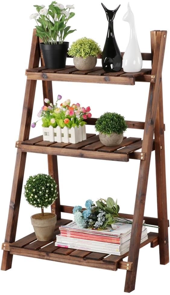 Yaheetech Wooden Plant Stand, 3 Tier Plant Stand, Foldable Ladder Shelves | L...