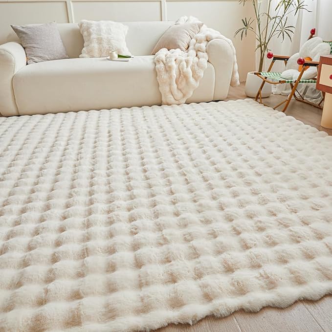 Creamy White Rabbit Plush Rug 8'x10', Fluffy Faux Fur Shaggy Area Rug