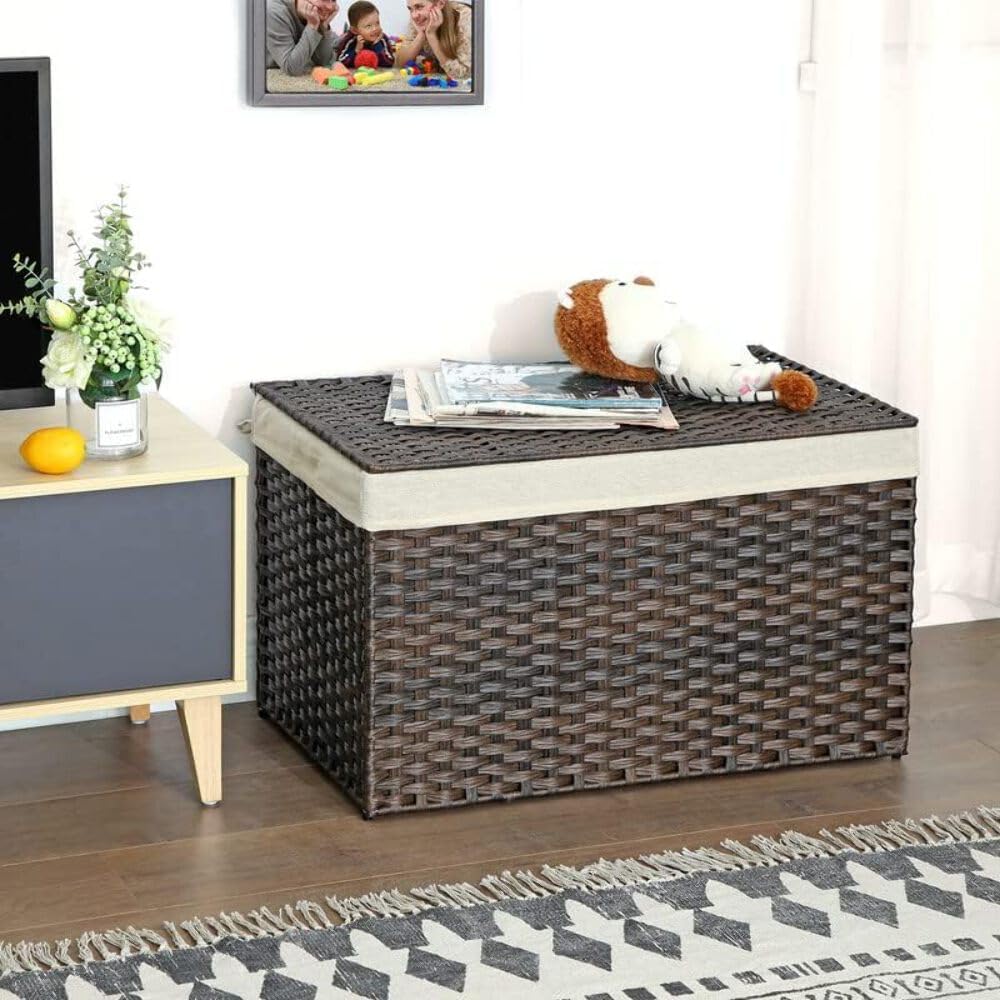 SONGMICS Woven Storage Basket with Lid, 42.3 Gallon (160L), Foldable