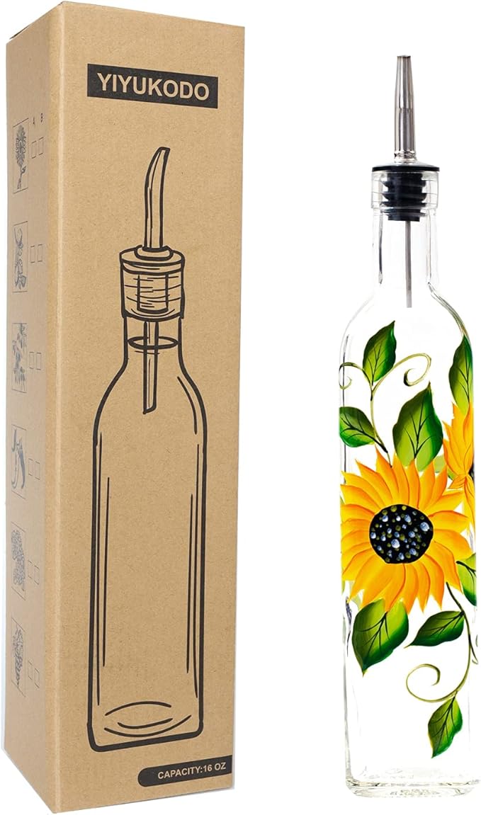 17oz Hand Painted Glass Olive Oil Bottle Dispenser - 500ml Green Oil & Vinegar by YIYUKODO