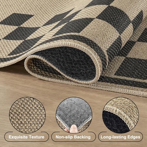 UERMEI 5x7 Outdoor Jute Area Rug Patio Neutral Washable Checkered Brown | Easy Non Slip Pet Friendly Indoor Farmhouse Carpet for Living Room Bedroom Dining Backyard