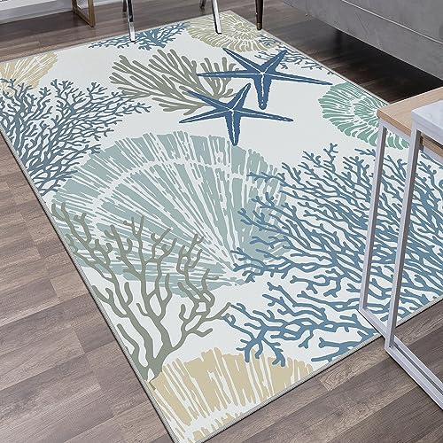 Tritard 6x9 Coastal Rug for Living Room, Machine Washable Bedroom Rug, Blue