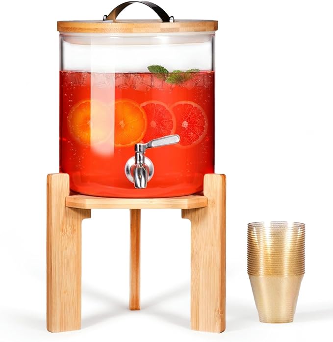 Glass Beverage Dispenser with Bamboo Stand and Lid, Iced 1.5 Gallon Drink by StrirumoHome