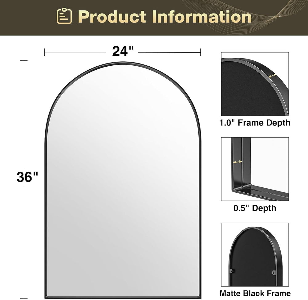 Brightify Black Arched Mirror, Arched Bathroom Mirror, 24 x 36 Inch Black Arc...