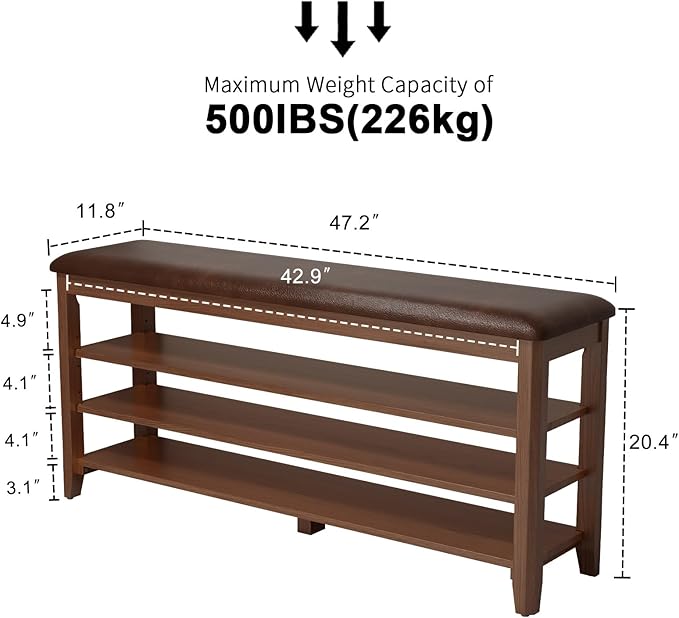 Shoe Bench with Leather Cushion, 3 Tiers Shoe Storage Bench Height Adjustable...