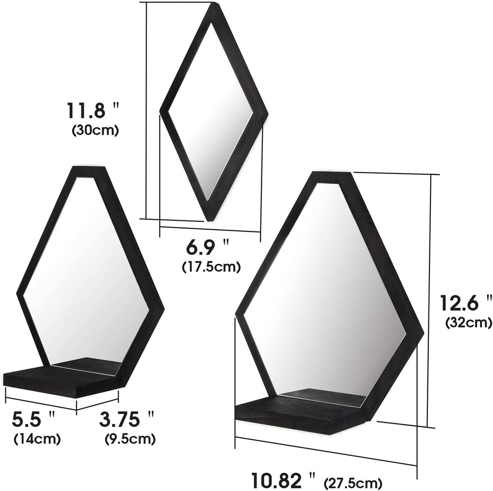 JACKCUBE Design Wall Mount Decorative Mirrors- Set of 3, Geometric Rustic Woo...