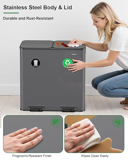 Lovewind 2×11.5 Gallon Dual Trash Can, Stainless Steel Dual Garbage and - Image 4