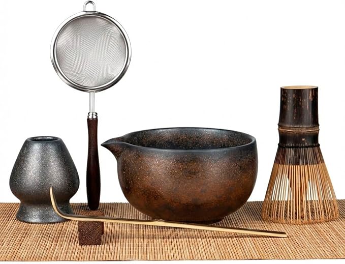 Matcha Whisk Set 7-Piece with Handmade Matcha Bowl & 100-Prong Purple Bamboo by GleeNflux