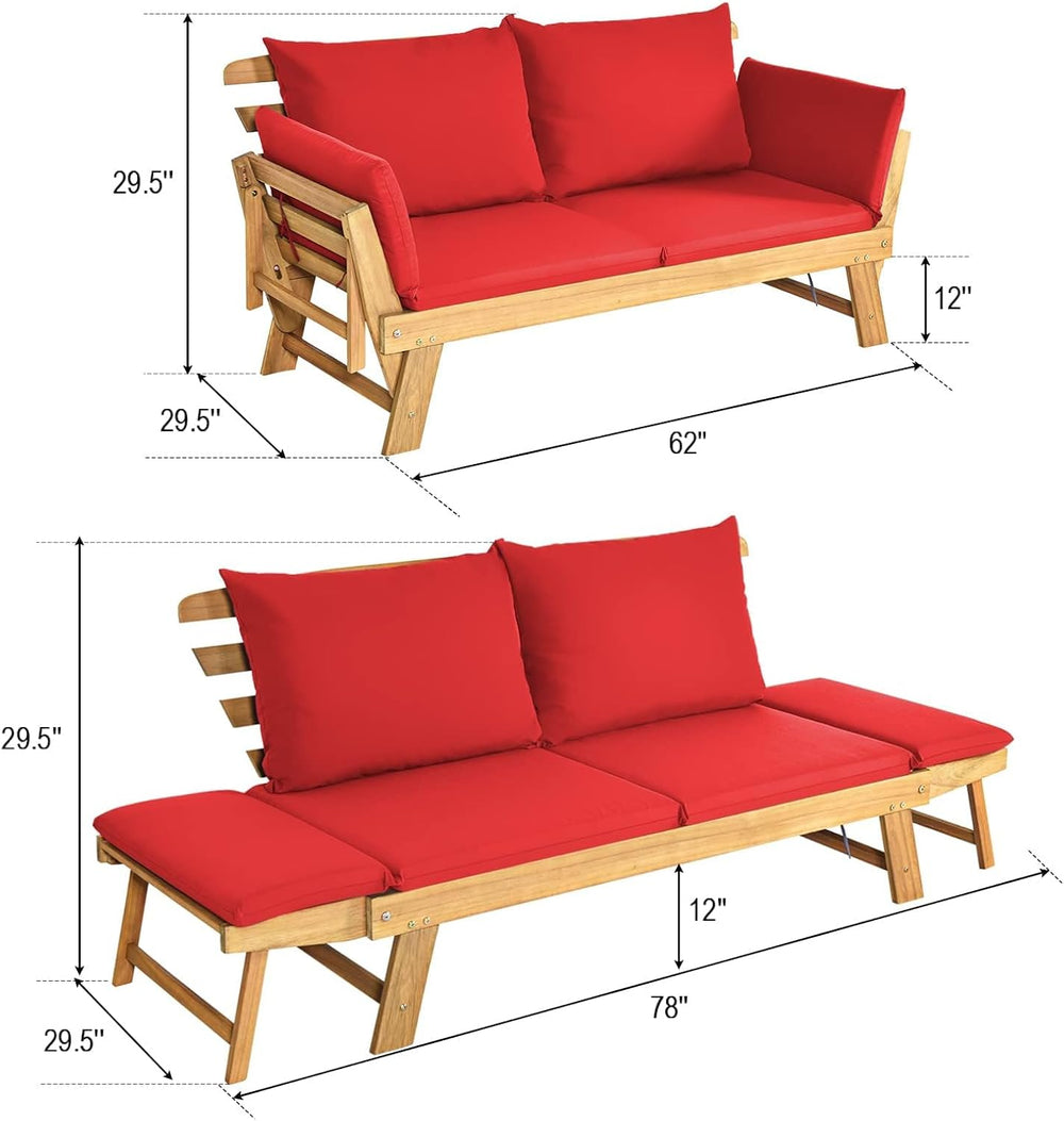 DORTALA Patio Convertible Couch Sofa Bed, Acacia Wood Daybed w/Adjustable Arm...