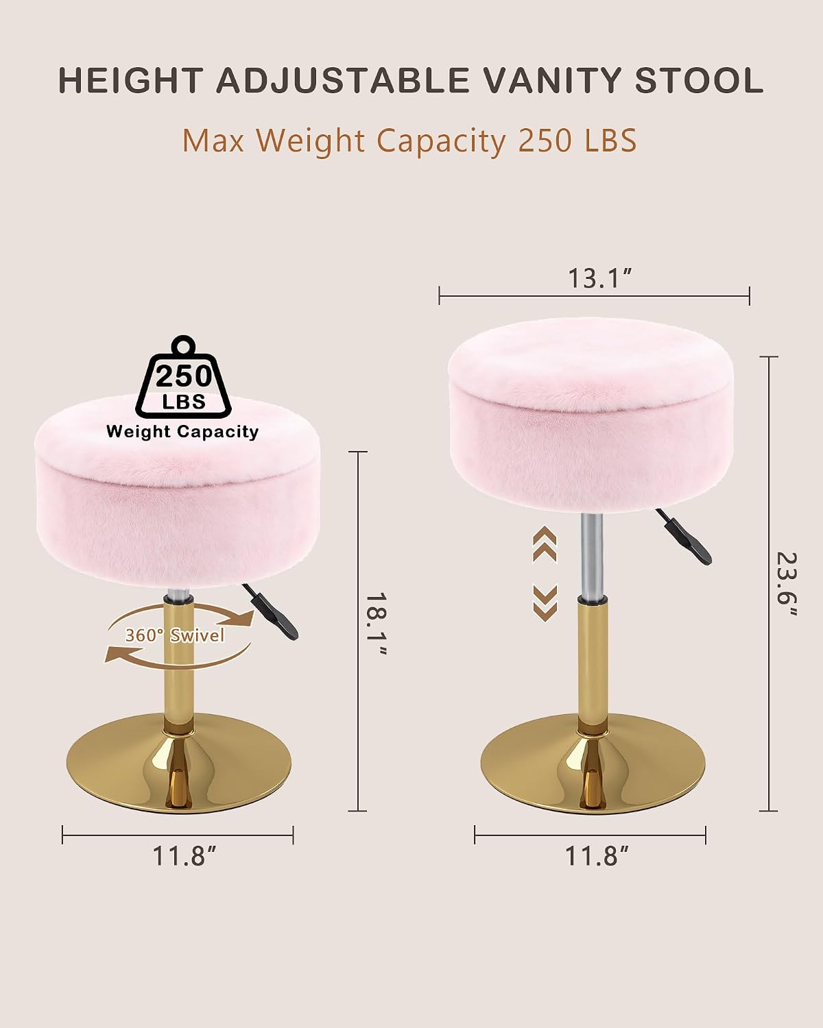litzfur gold vanity stool with storage, swivel vanity shown in use