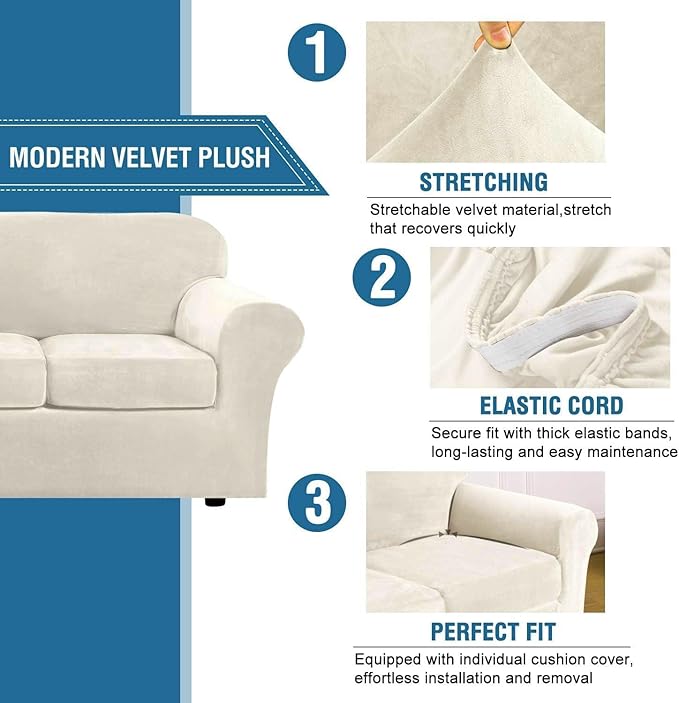 H.VERSAILTEX High Stretch Sofa Slipcover 4 Piece Cover Velvet Furniture - Image 3