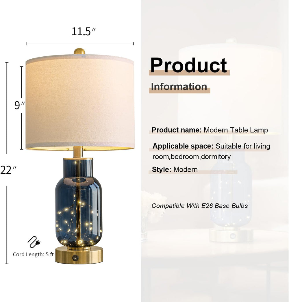22" Glass Table Lamps Set of 2 with LED Nightlight for Bedroom, Blue