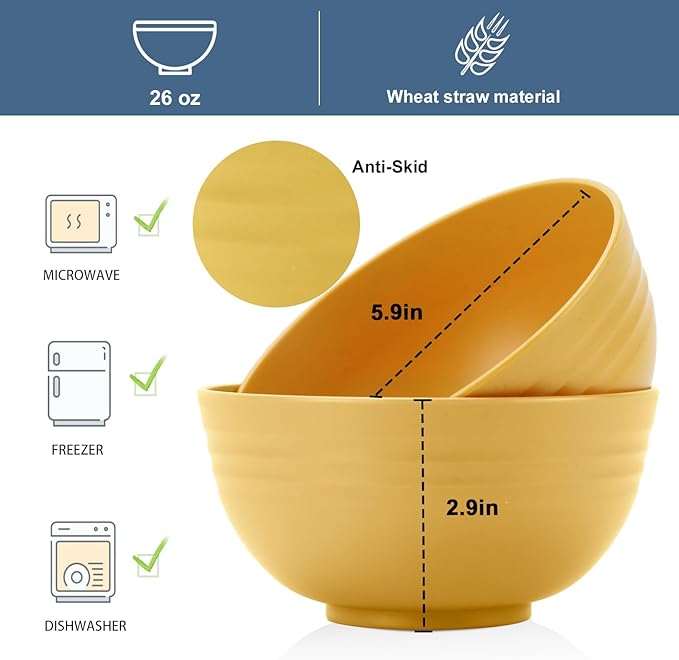 Wheat Straw Bowl Set of 8, Unbreakable Cereal Bowls 26 OZ, Freezer and - Image 2