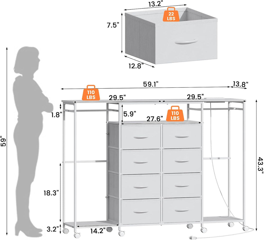 59.1" W Dresser for Bedroom with Hanging Rack, 8 Drawer Dresser with LED...