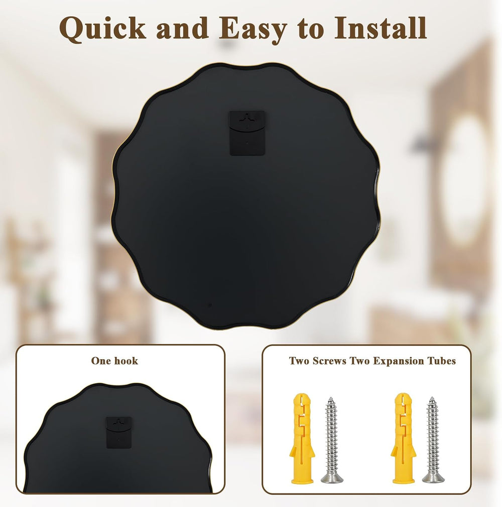 VooBang Gold Scalloped Circle Mirror, 20" Wavy Edge Round Wall Mirror