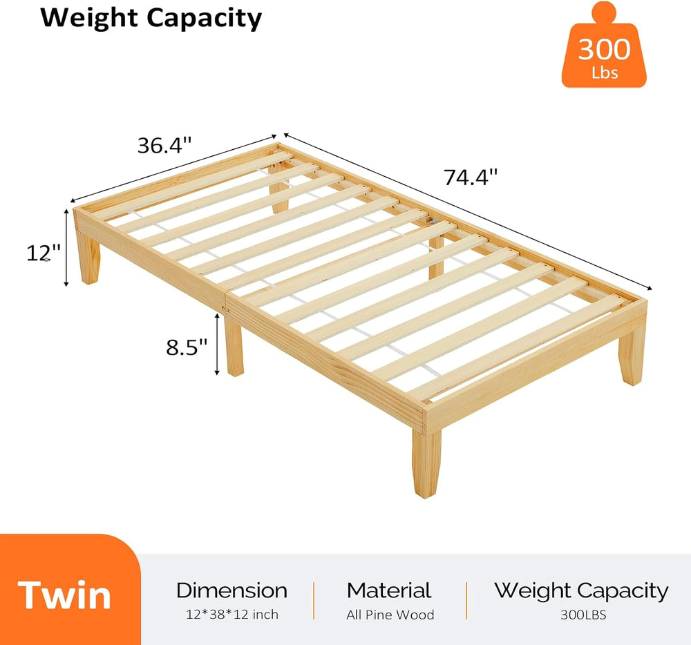 VINGLI 12 in Classic Solid Wood Twin Platform Bed Frame with Storage Space Un...