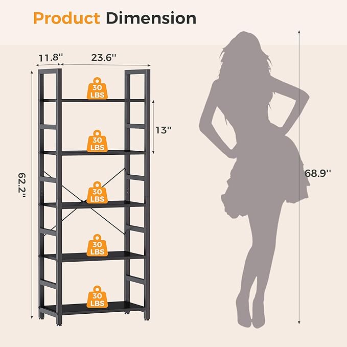 DUMOS 5-Tier Bookshelf, Modern Tall Bookcase, Open Storage Display Shelf