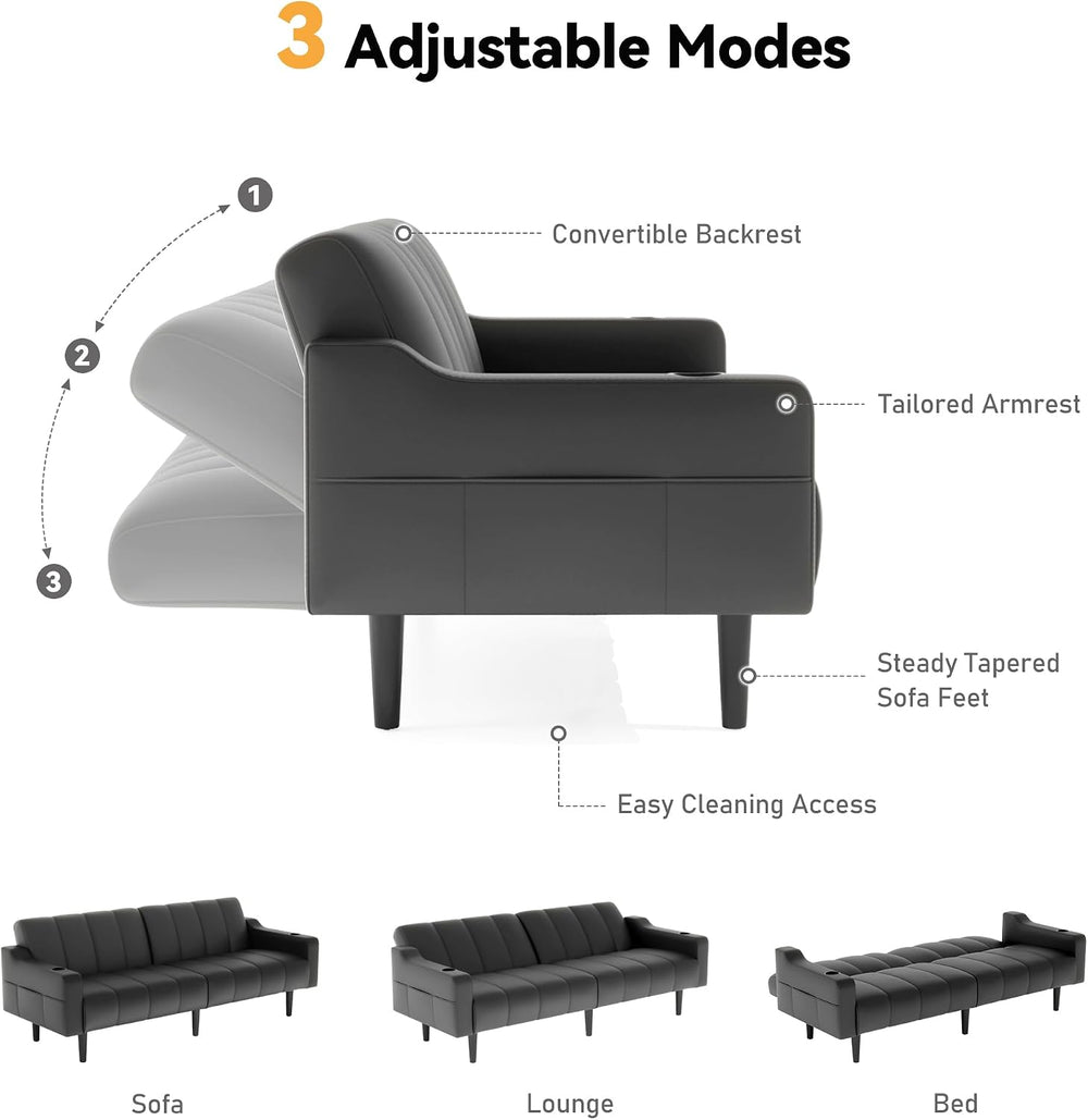 80'' Futon Sofa Bed,Faux Leather Futon Sleeper Sofa, Convertible Love...