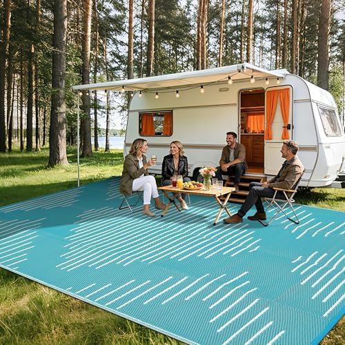 Garvee Waterproof Outdoor Rug 9x12 Plastic Reversible Rug Light Blue White