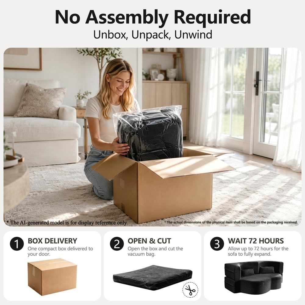 78" Futon Sofa Bed, Full Size Boneless Corduroy Couch Bed (Black)