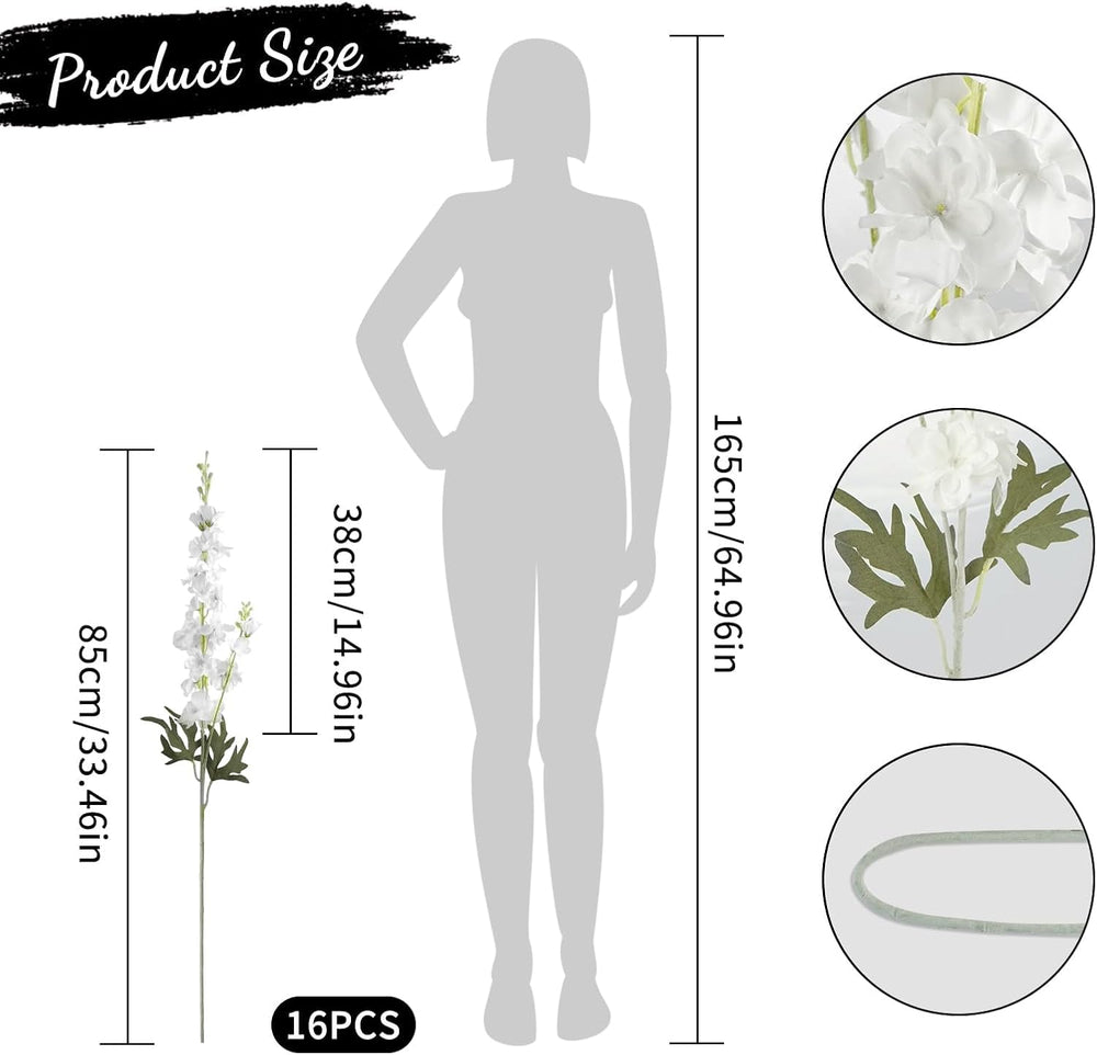 16Pcs White Delphinium Artificial Flowers 33.5" Long Stem Wedding Flower