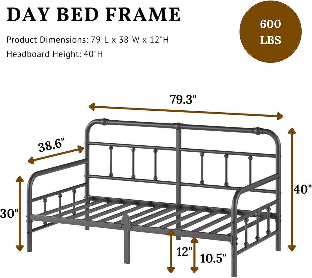 12 Inch Twin Day Bed with Vintage Headboard for Living Room