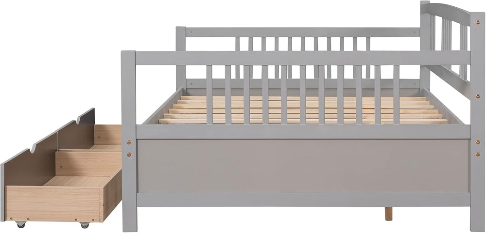 Full Size Wooden Daybed with Two Storage Drawers and 10 Wooden Slats Support,...