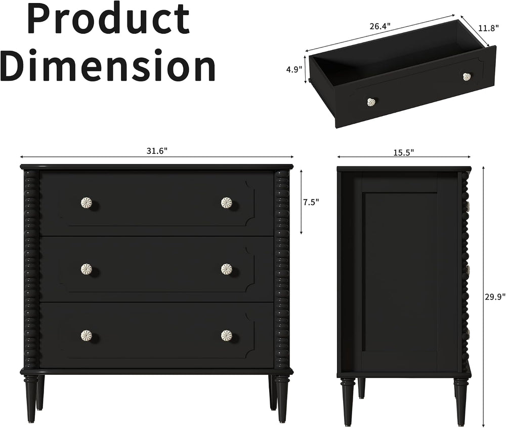 3 Drawer Dresser for Bedroom, 32" Wide Chest of Drawers, Black