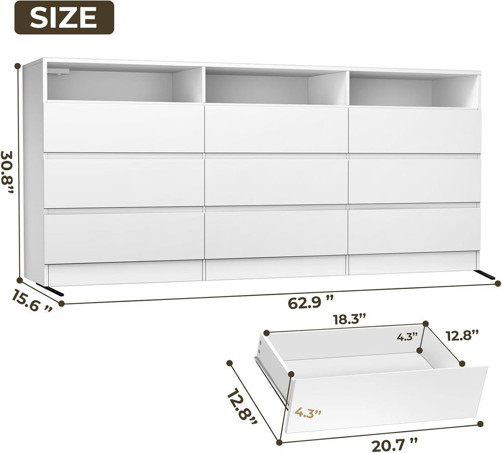 STIKELY 9 Drawer Dresser for Bedroom with Power Outlet and LED Light,