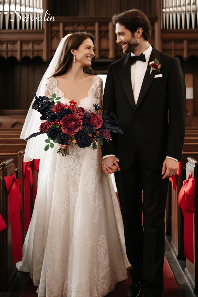 Serwalin Burgundy Black Artificial Flowers Combo, Silk Flowers for Wedding