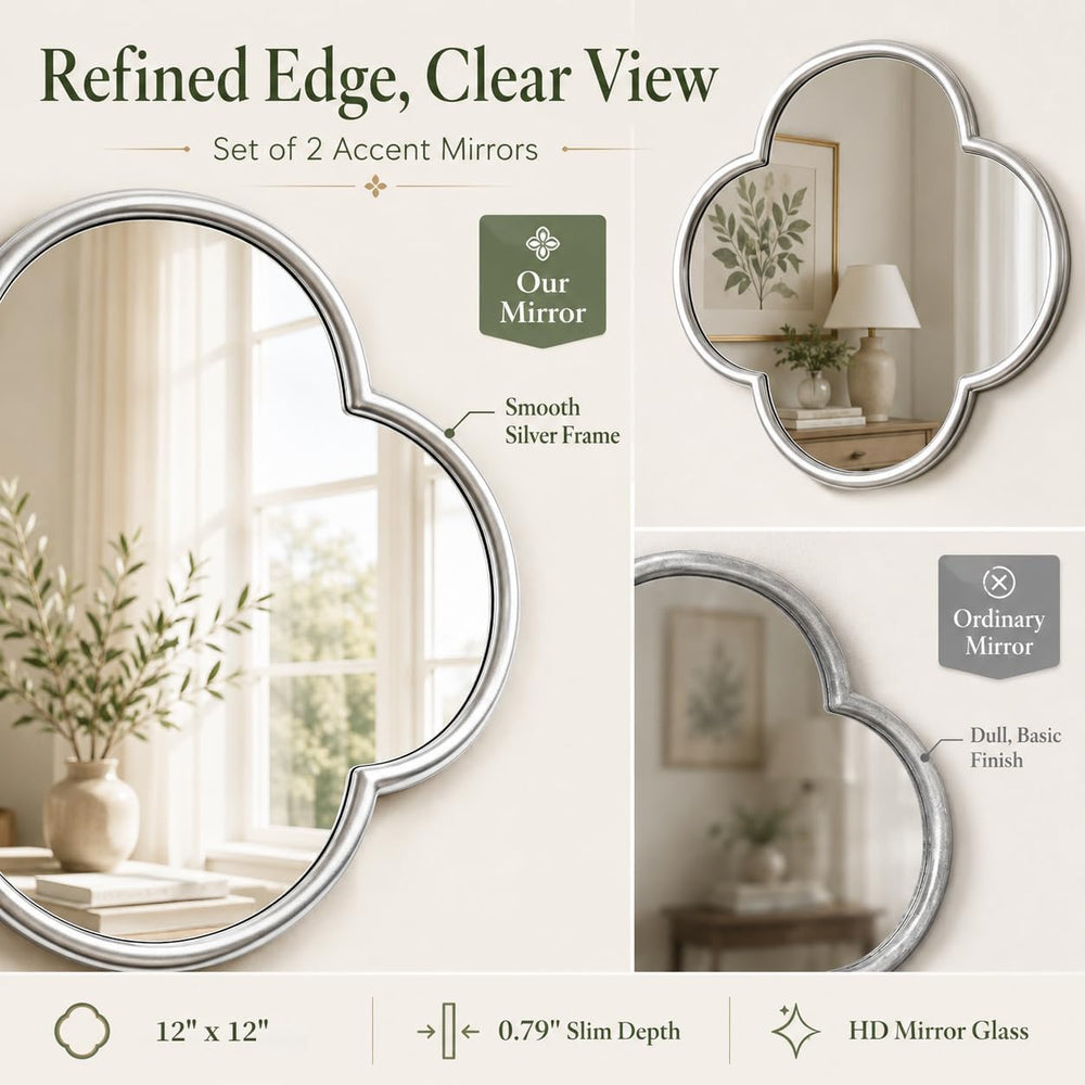 Glass Clover Mirror Set of 2, Non-Distortion Wall Decor Mirrors with Metal Ed...