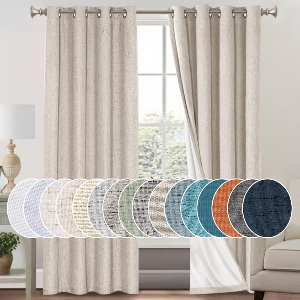 PrinceDeco Natural Linen Curtains 100% Blackout Linen Curtains for Bedroom Fu...
