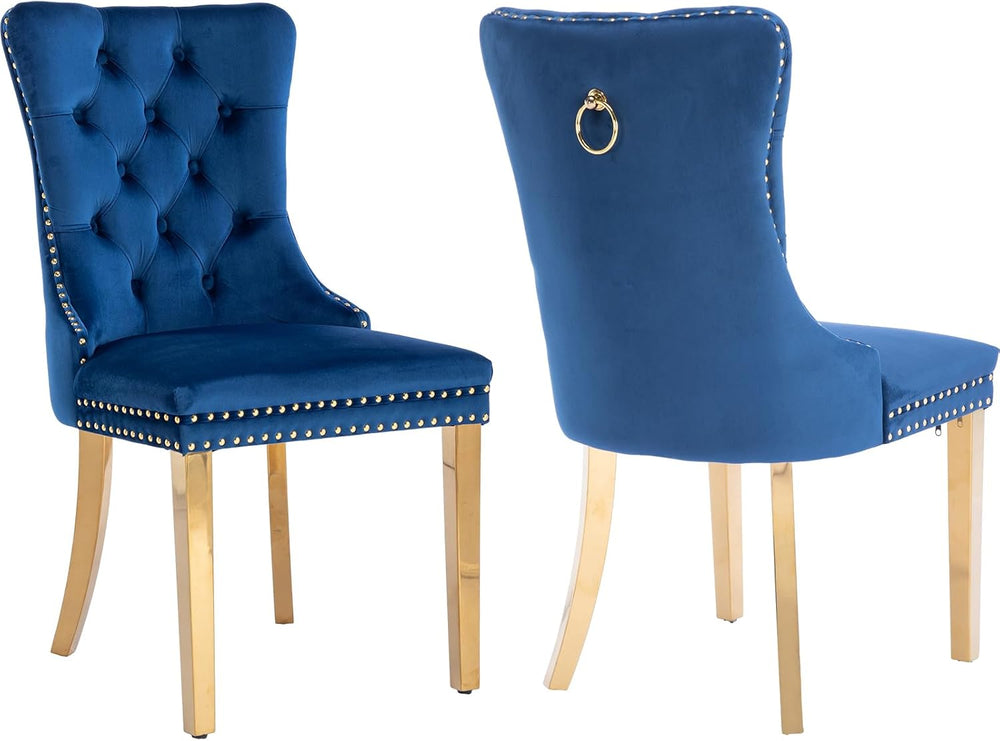 Mid Century Modern Dining Chairs Set of 2, Blue Velvet Upholstered Tufted Bac...