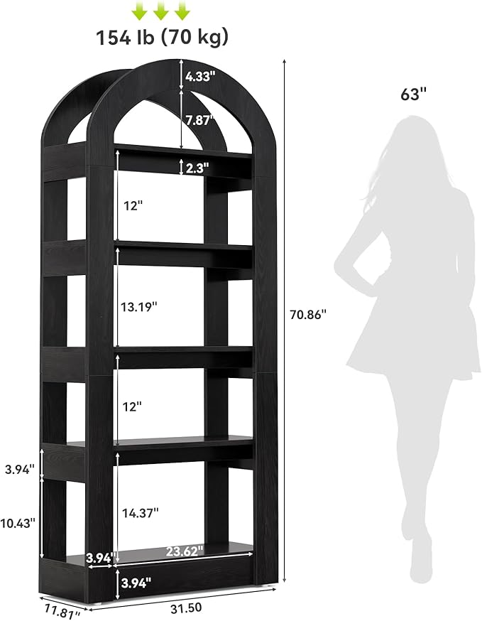 LITTLE TREE 5-Tier Bookshelf, Arch-Shaped Racks, Tall Standing Wooden Bookcas...
