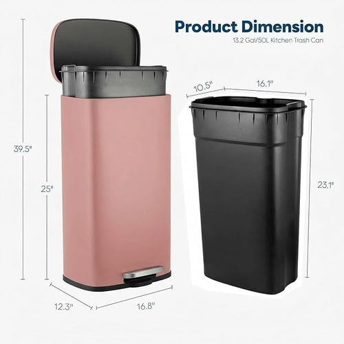 13.2 Gal Kitchen Trash Can, 50L Recycling or Garbage Bin, Brushed Stainless - Image 2