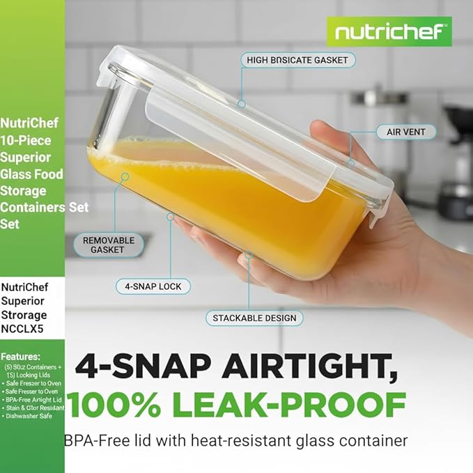 NutriChef 10-Piece Superior Glass Food Storage Containers Set, Stackable - Image 4